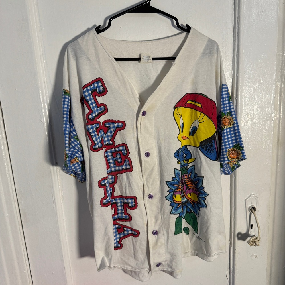Vtg 90s Freeze Looney Tunes Tweety Bird Baseball Jersey White Gingham XL Cartoon